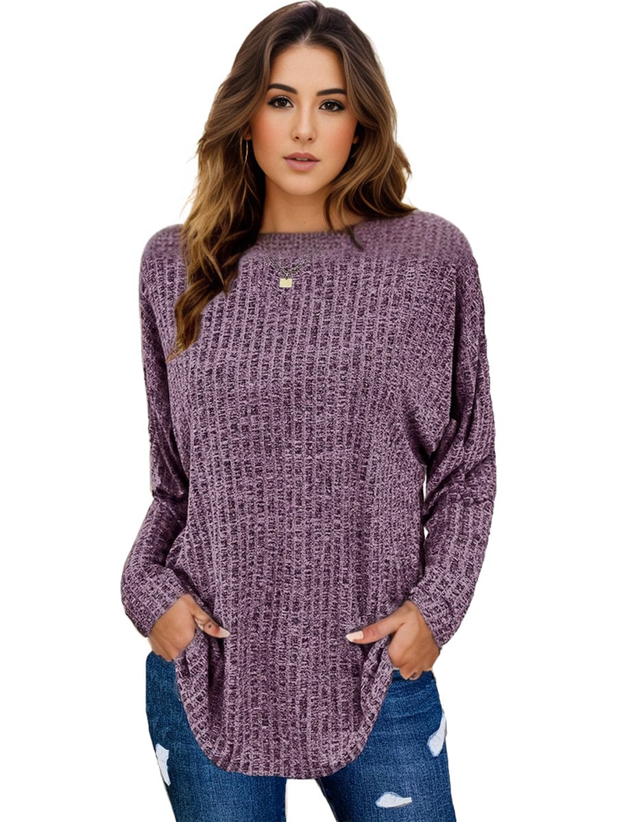 Plus Size Casual Sweater, Women's Plus Solid Ribbed Long Sleeve Round Neck Knit Top
