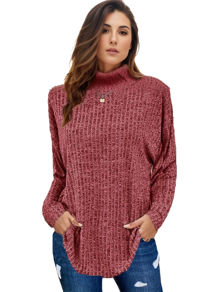 Plus Size Casual Sweater, Women's Plus Solid Ribbed Long Sleeve Round Neck Knit Top