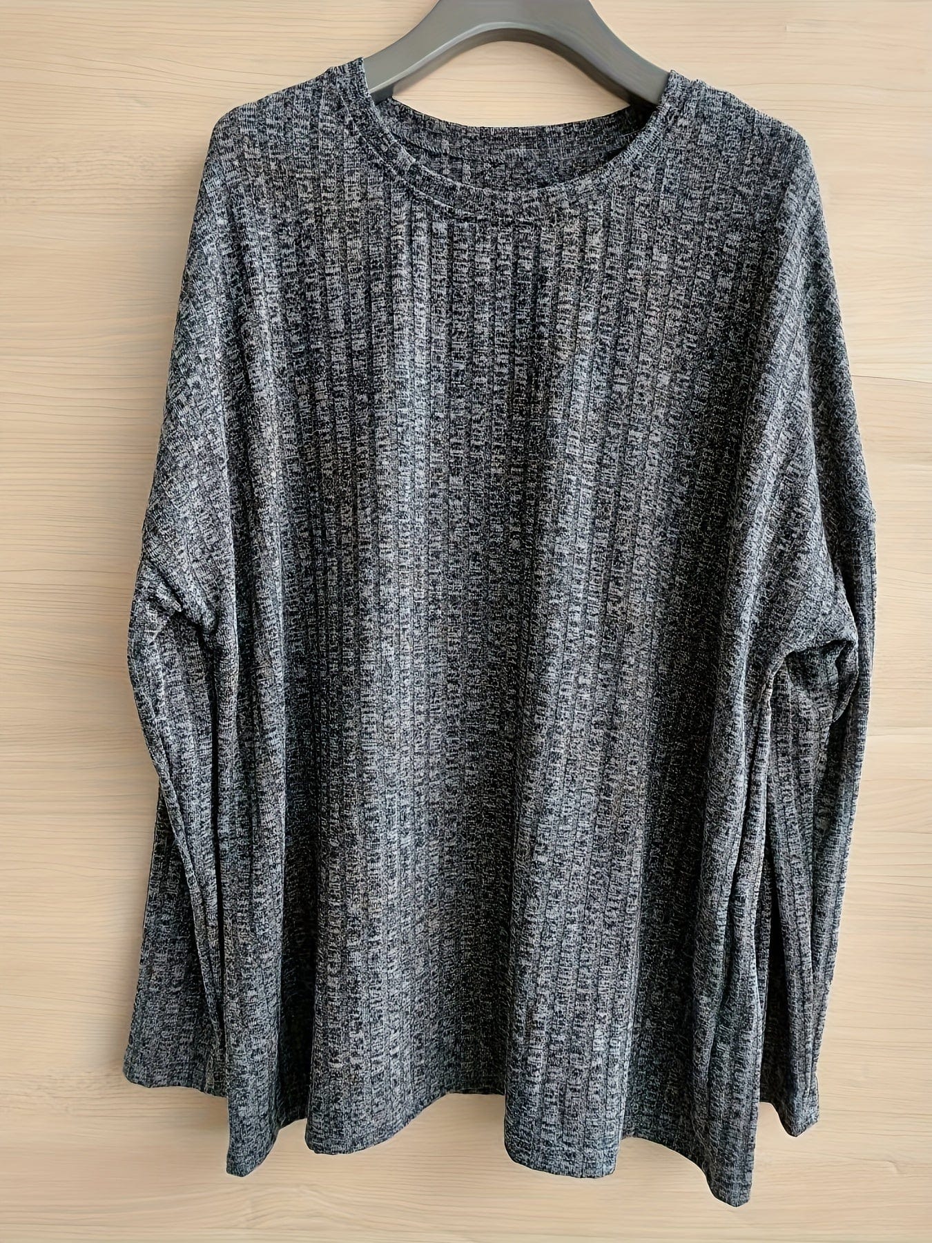 Plus Size Casual Sweater, Women's Plus Solid Ribbed Long Sleeve Round Neck Knit Top
