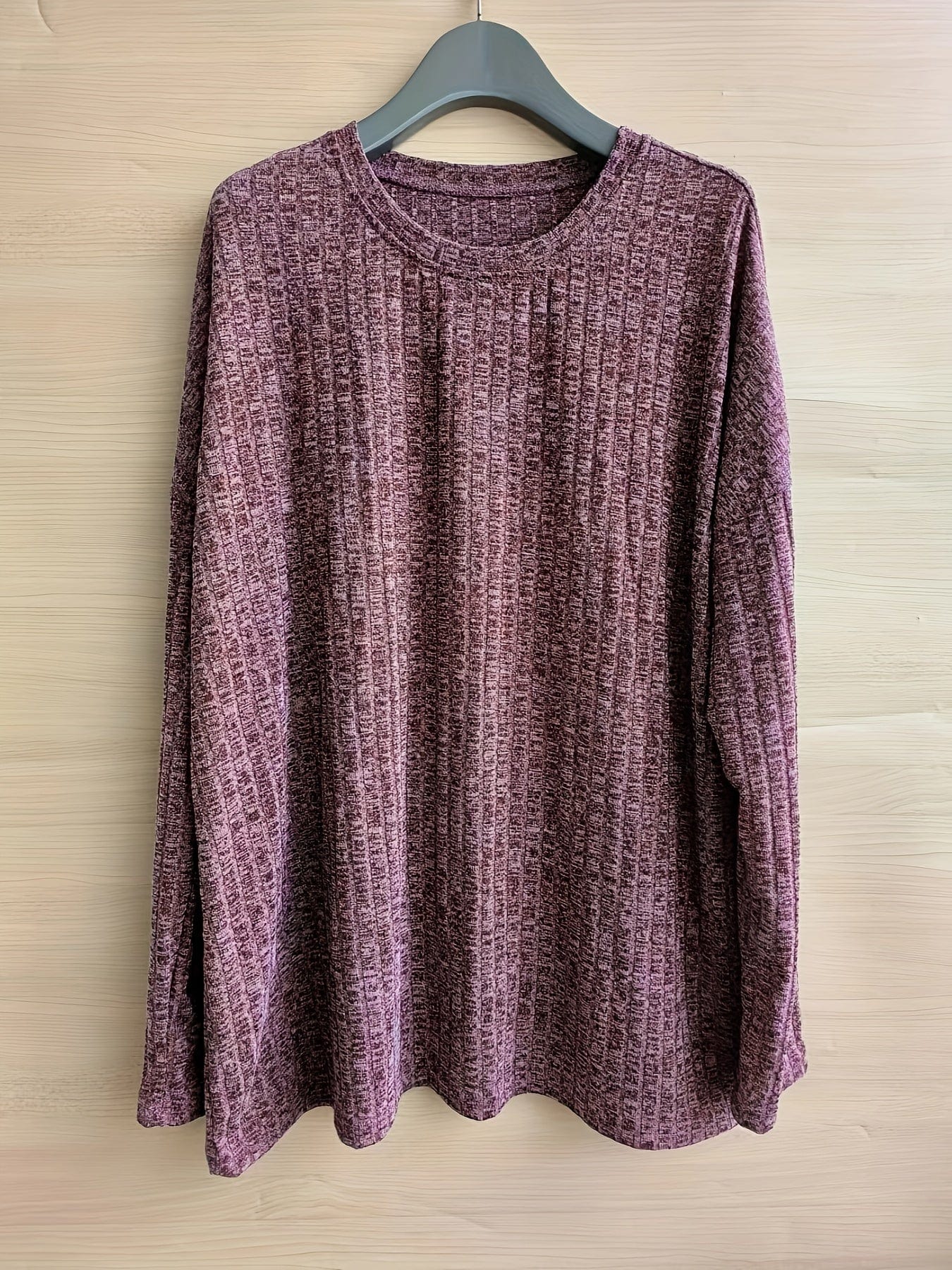 Plus Size Casual Sweater, Women's Plus Solid Ribbed Long Sleeve Round Neck Knit Top