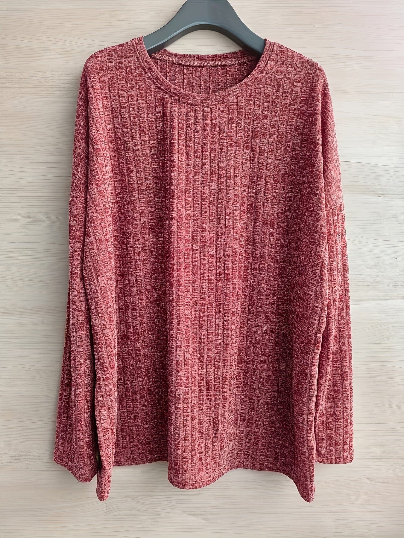 Plus Size Casual Sweater, Women's Plus Solid Ribbed Long Sleeve Round Neck Knit Top