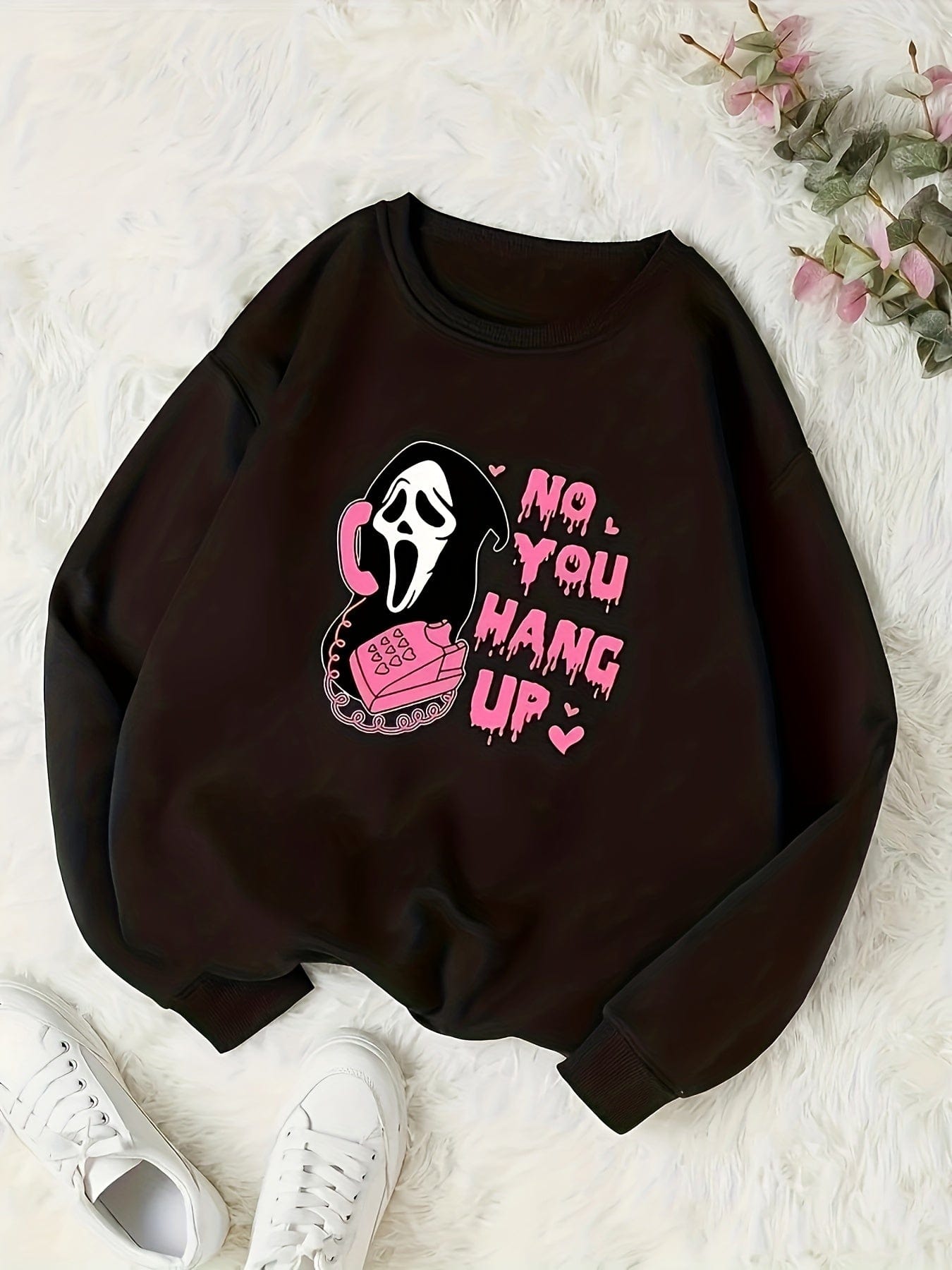 Plus Size Casual Sweatshirt, Women's Plus Graphic & Letter Print Long Sleeve Round Neck Slight Stretch Sweatshirt