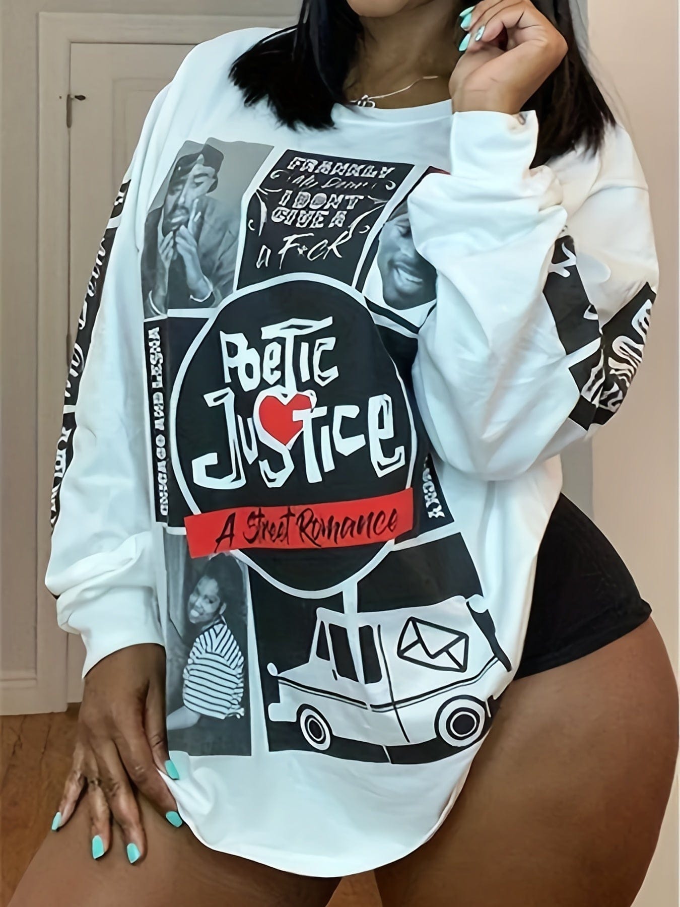 Plus Size Casual Sweatshirt, Women's Plus Graphic & Letter Print Long Sleeve Round Neck Slight Stretch Sweatshirt