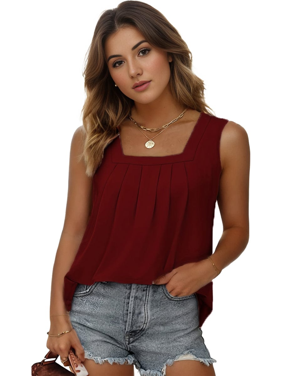 Plus Size Casual Tank Top, Women's Plus Solid Square Neck Pleated Medium Stretch Tank Top
