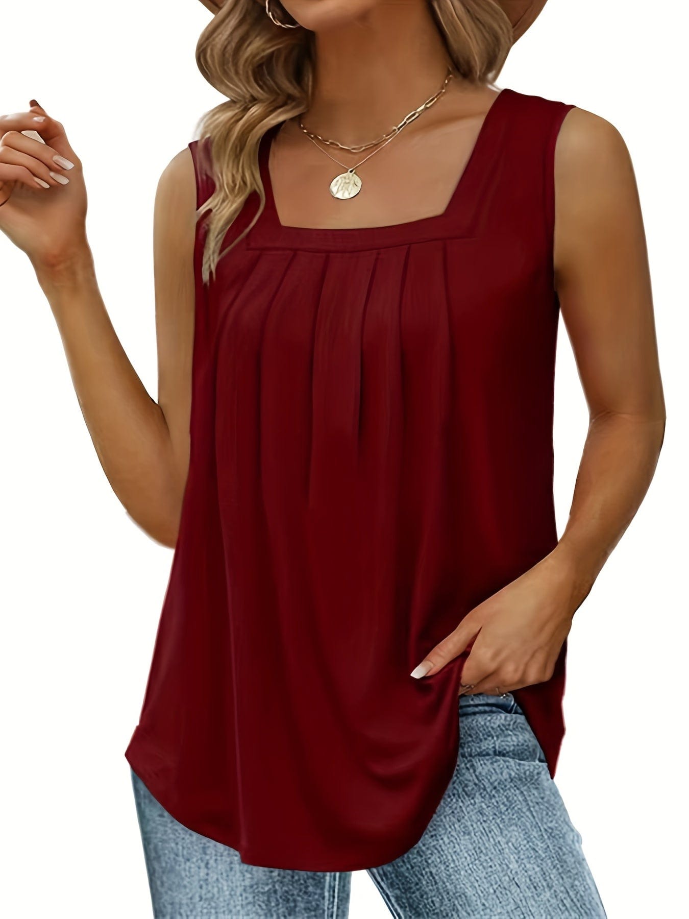 Plus Size Casual Tank Top, Women's Plus Solid Square Neck Pleated Medium Stretch Tank Top