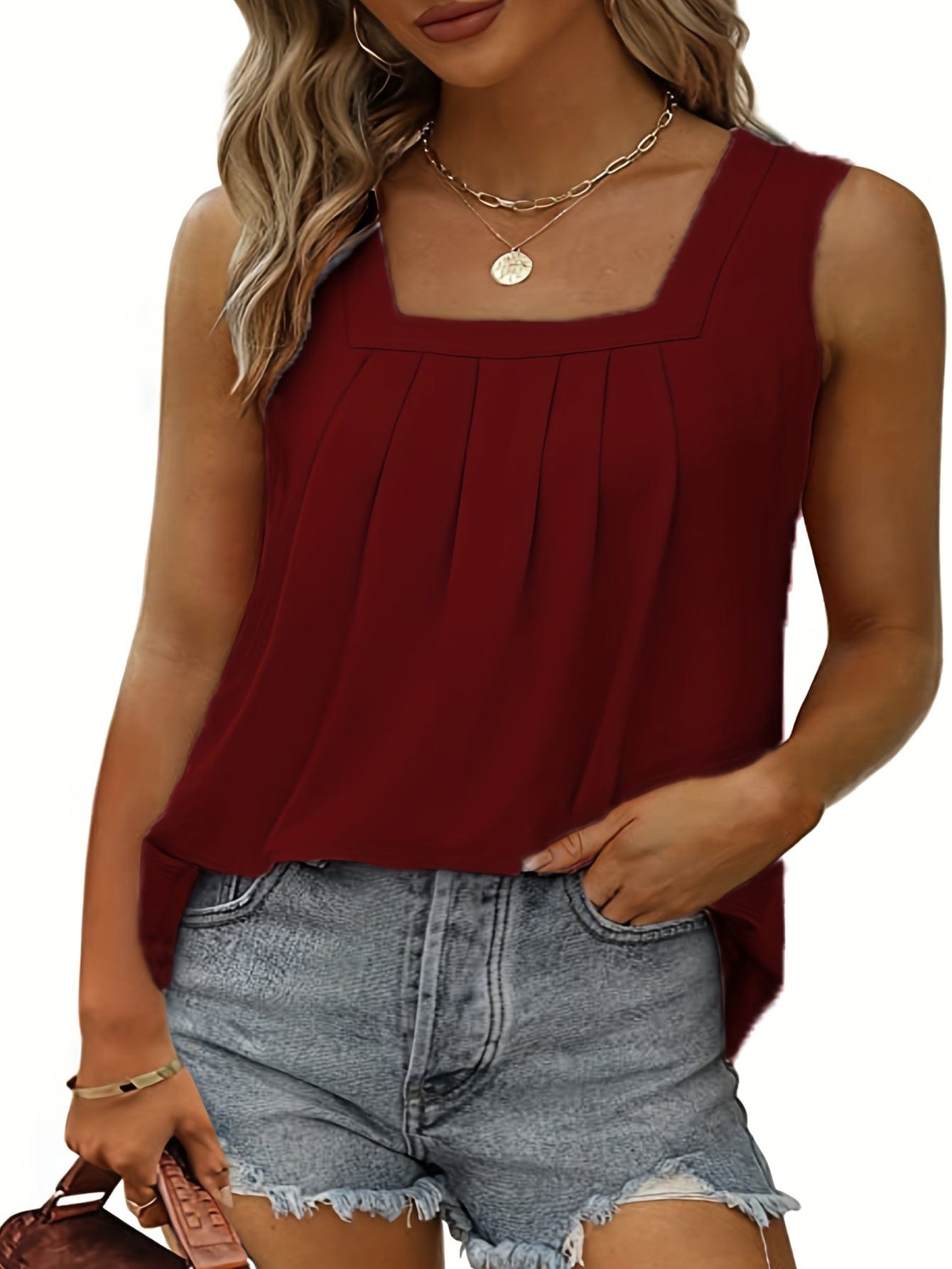 Plus Size Casual Tank Top, Women's Plus Solid Square Neck Pleated Medium Stretch Tank Top