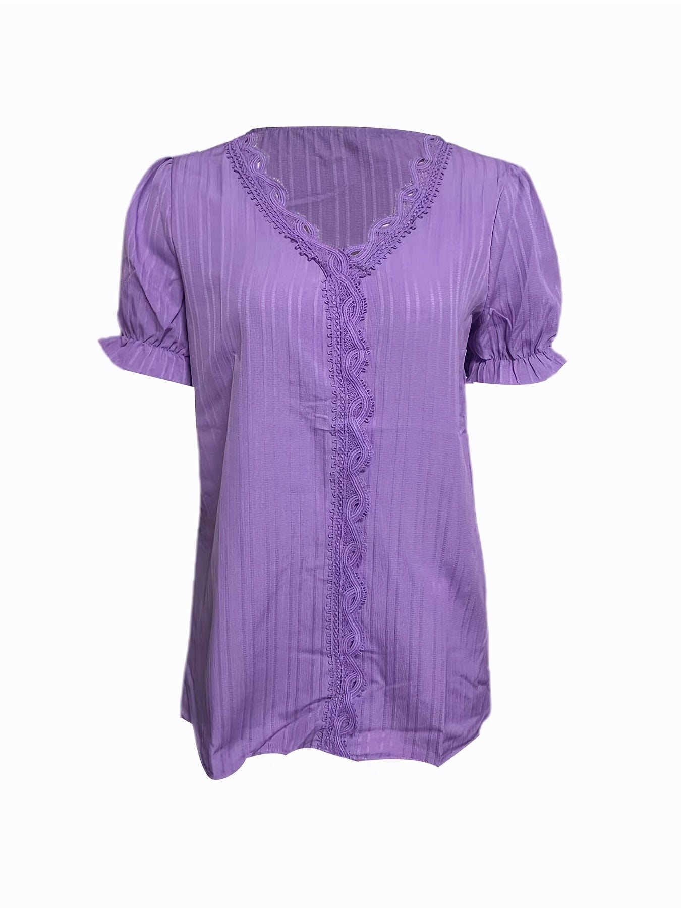 Plus Size Elegant Blouse, Women's Plus Solid Contrast Lace Ribbed Puff Sleeve V Neck Shirt Top