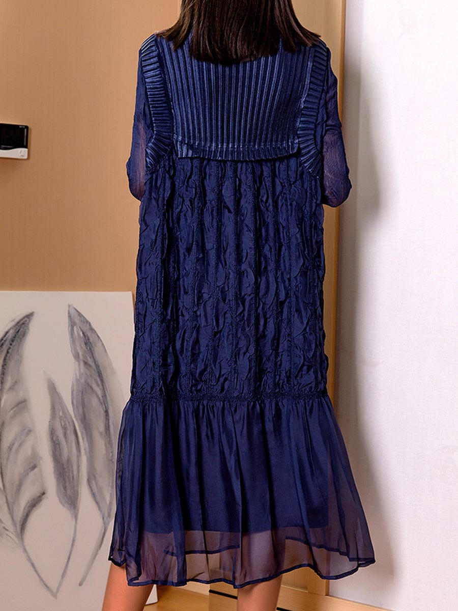 Plus Size Pleated Slim Round Neck Midi Dress