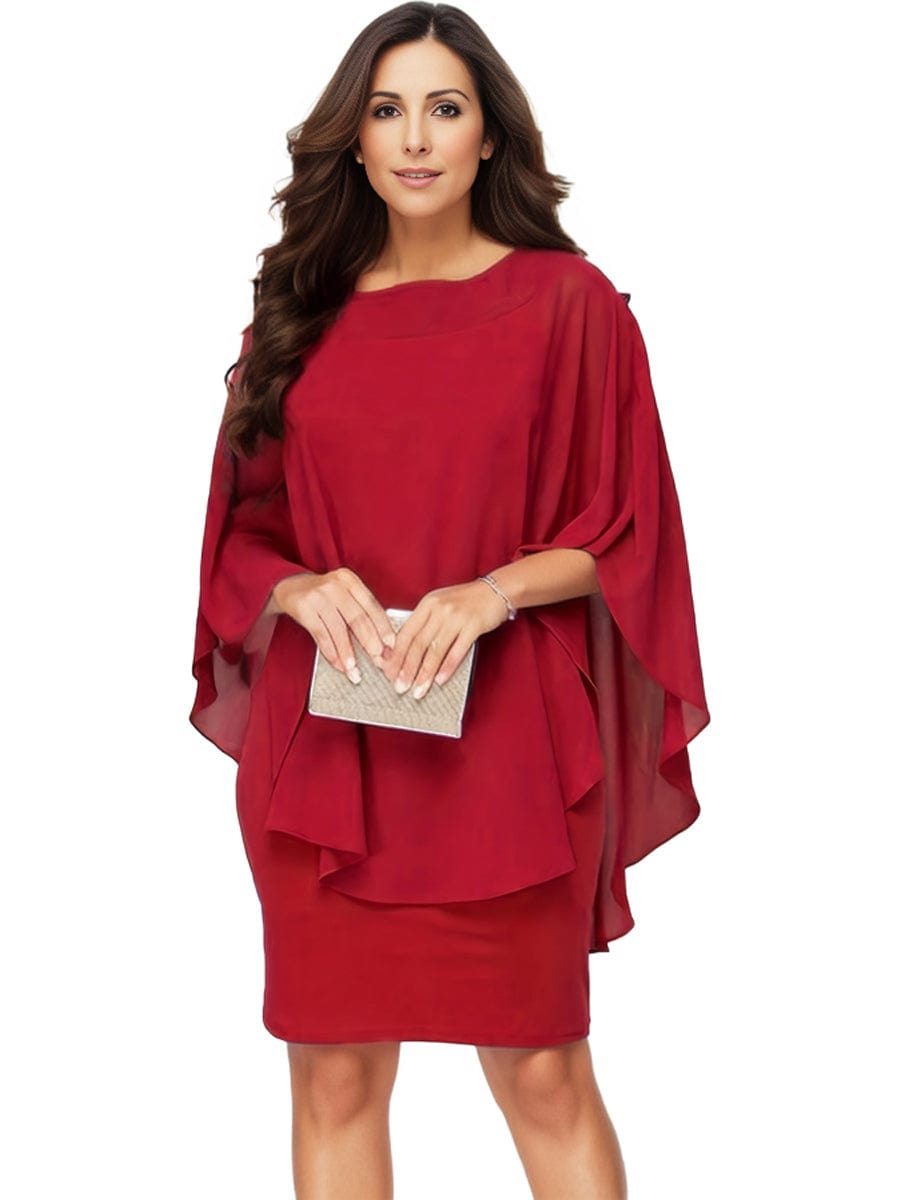Plus Size Solid Round Neck 3/4 Sleeve Cape Midi Dress, Women's Plus Elegant Slight Stretch Cape Midi Dress