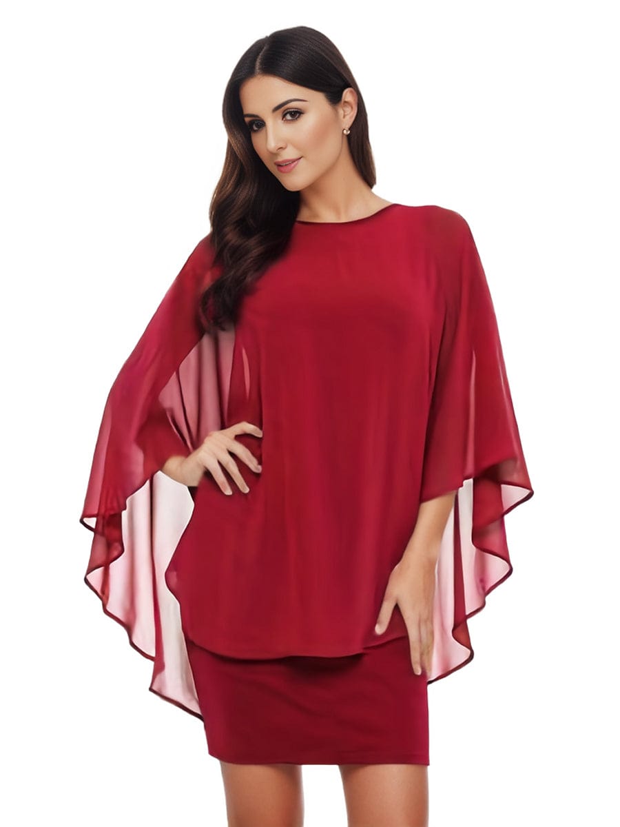 Plus Size Solid Round Neck 3/4 Sleeve Cape Midi Dress, Women's Plus Elegant Slight Stretch Cape Midi Dress