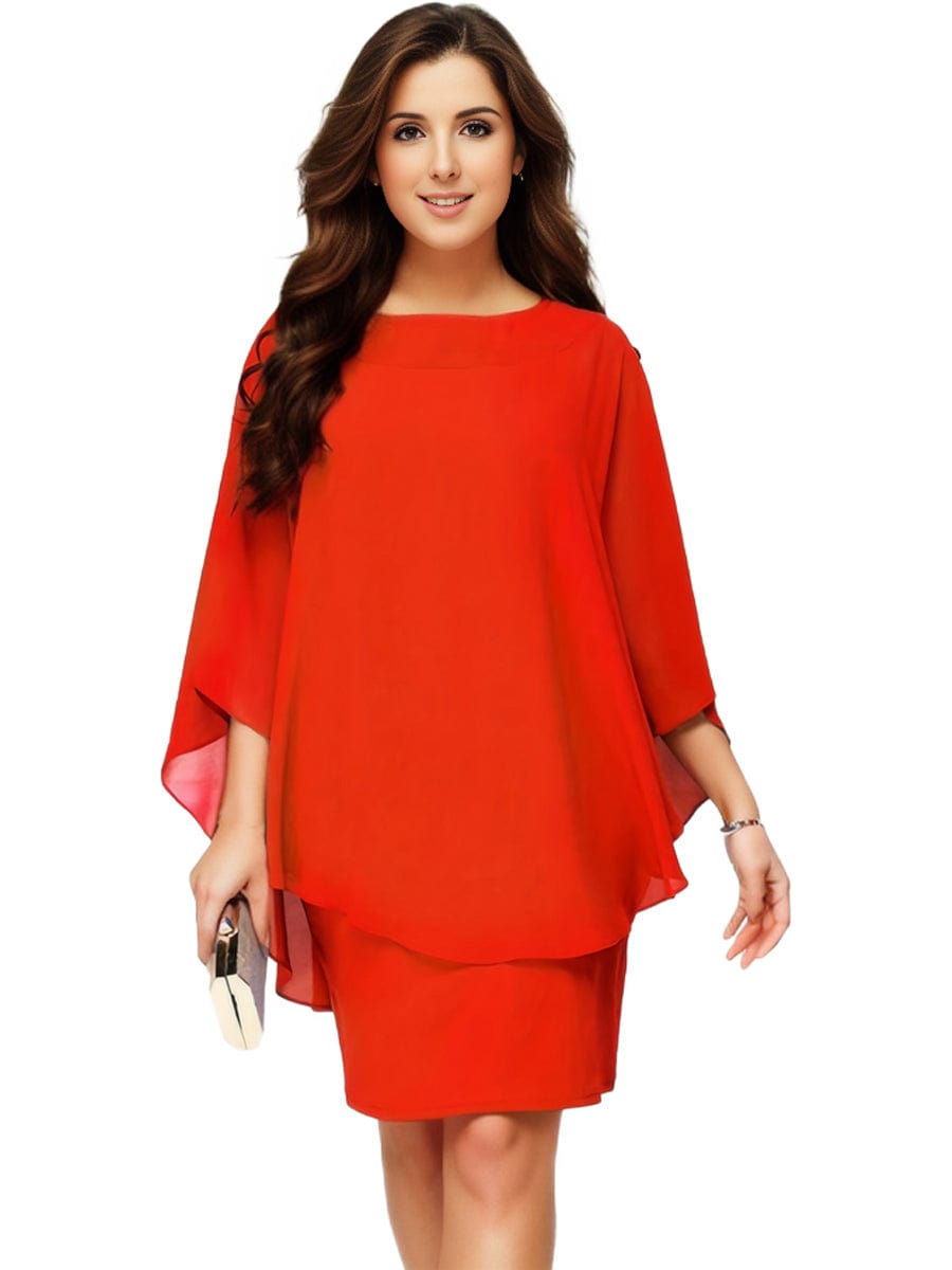 Plus Size Solid Round Neck 3/4 Sleeve Cape Midi Dress, Women's Plus Elegant Slight Stretch Cape Midi Dress