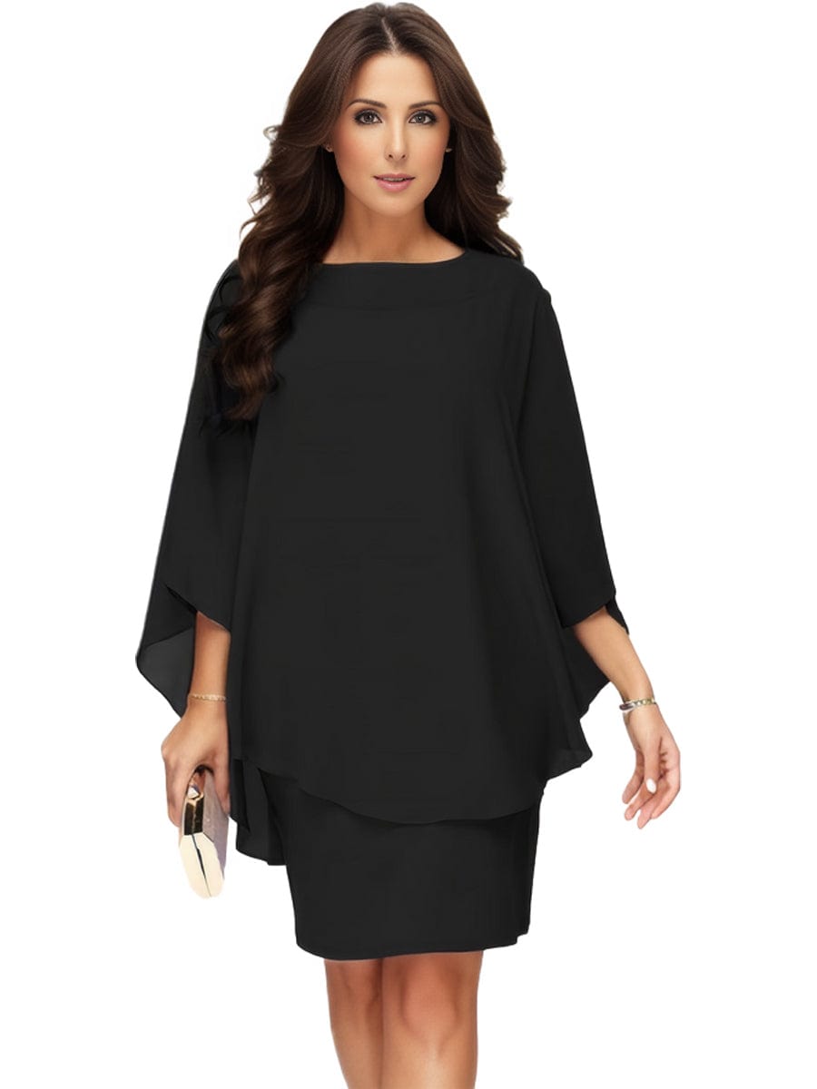 Plus Size Solid Round Neck 3/4 Sleeve Cape Midi Dress, Women's Plus Elegant Slight Stretch Cape Midi Dress