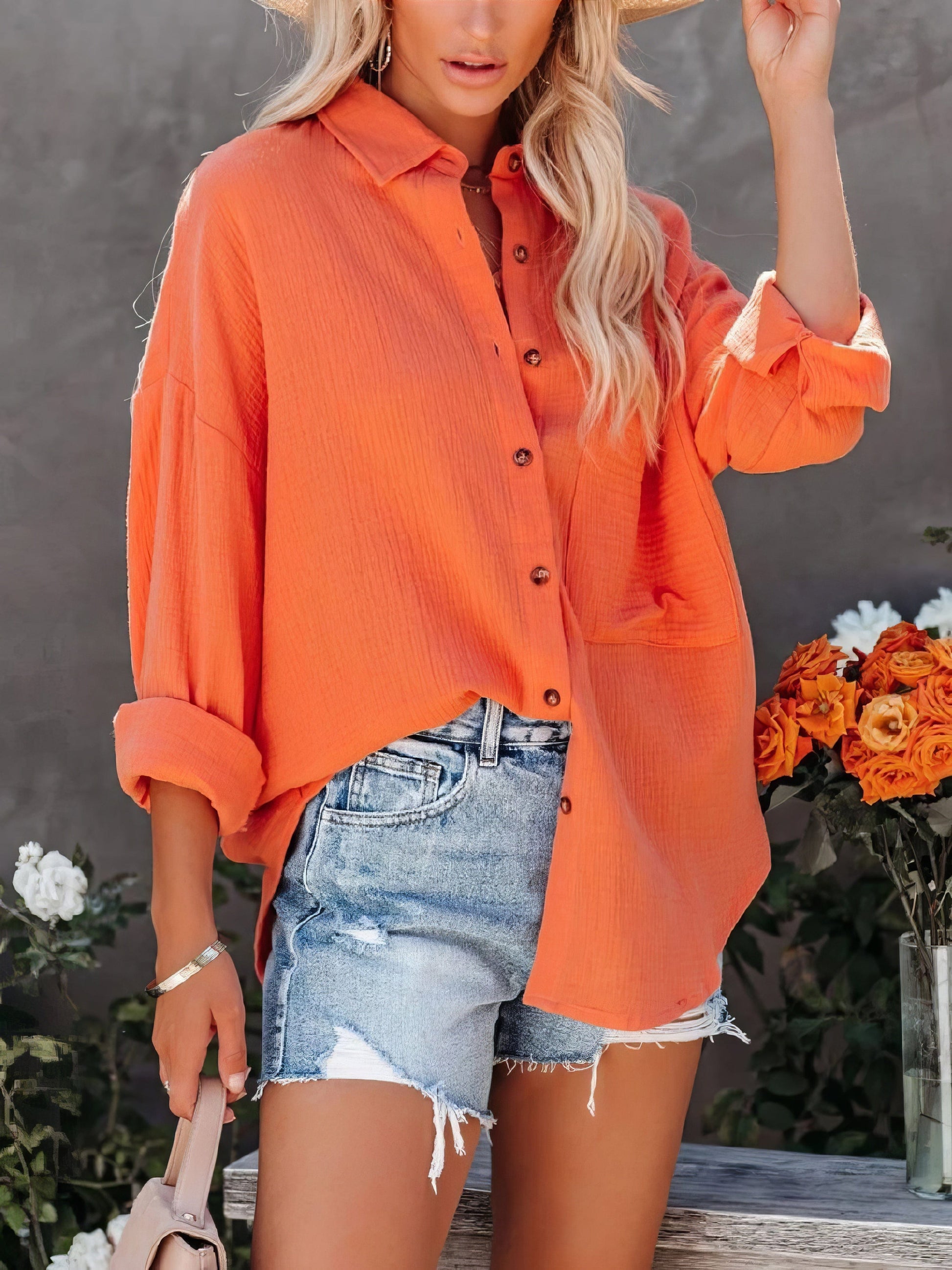 Simple Long Sleeve V-Neck Button Lapel Blouse