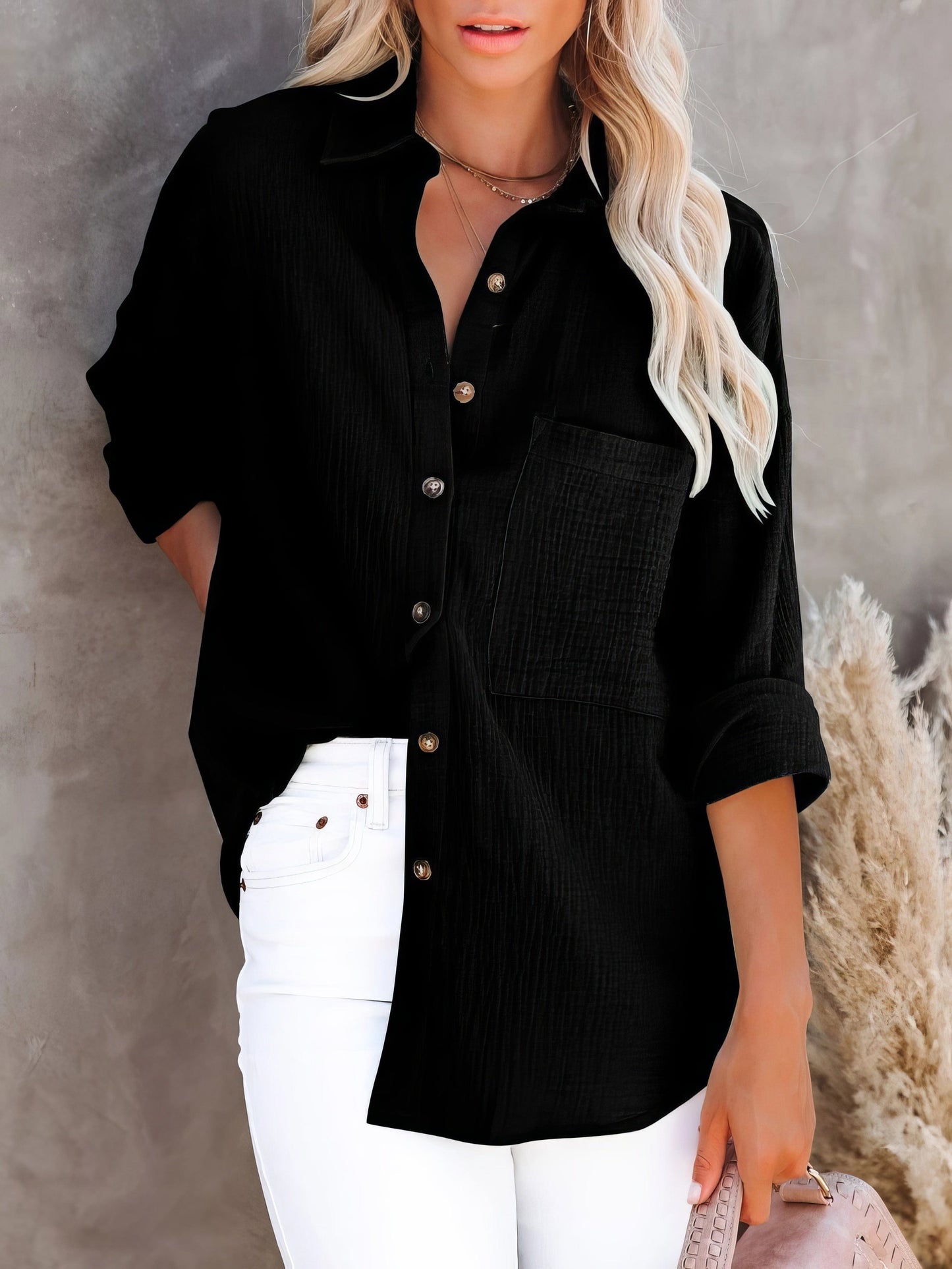 Simple Long Sleeve V-Neck Button Lapel Blouse