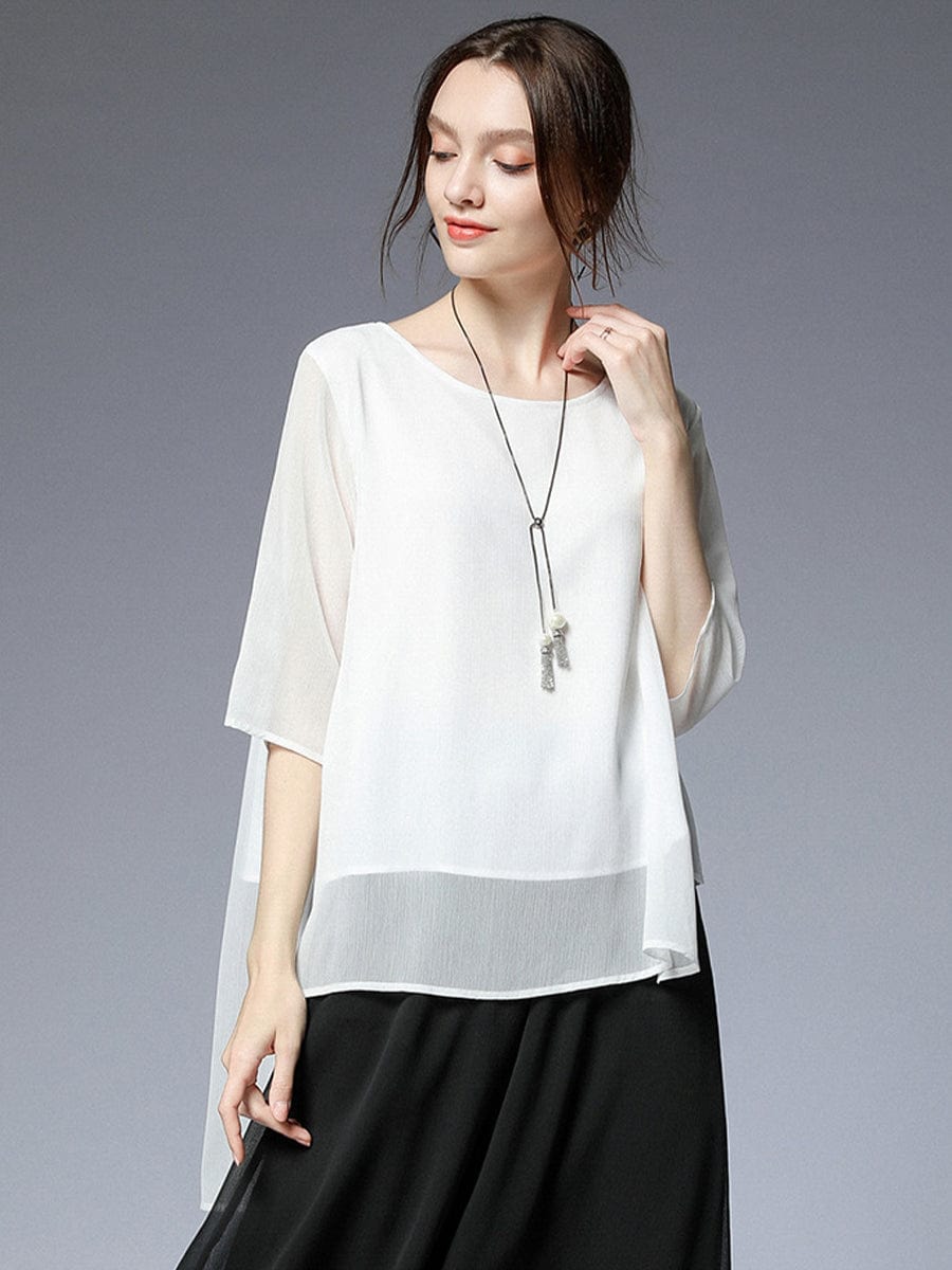 Size Curve Blouses Loose Elegant Round Neck Mid-Sleeved Chiffon Blouse