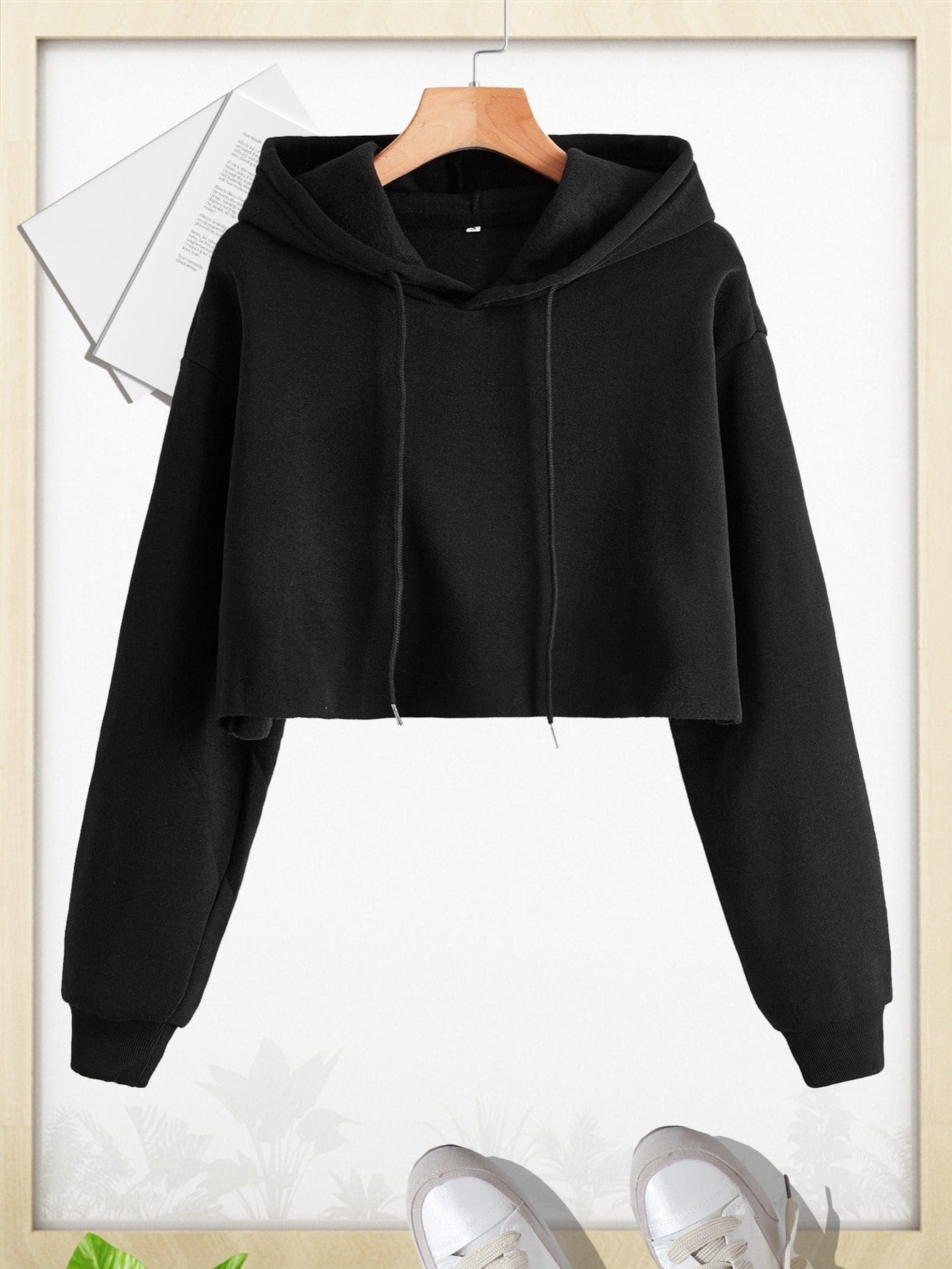 Solid Drawstring Long Sleeve Pullover Cropped Hoodie