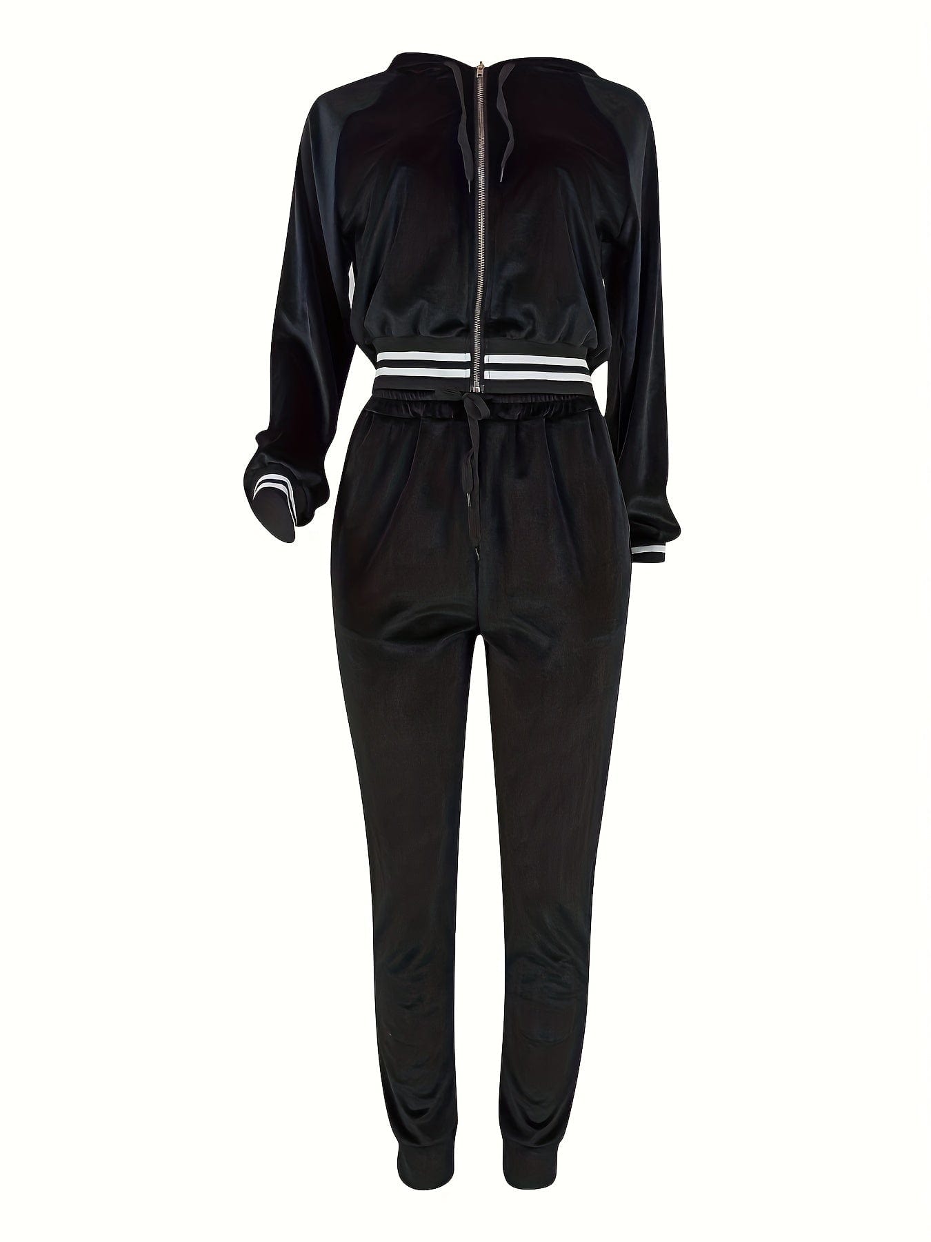 Solid Long Sleeve Hooded Zipper Jacket & Drawstring Pants Sports Set