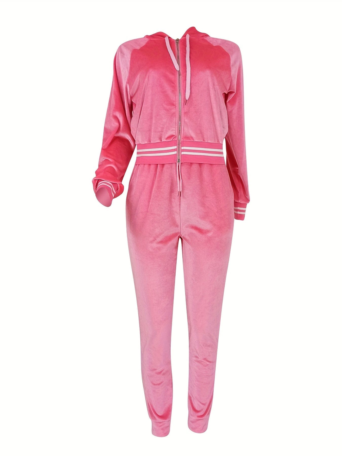 Solid Long Sleeve Hooded Zipper Jacket & Drawstring Pants Sports Set