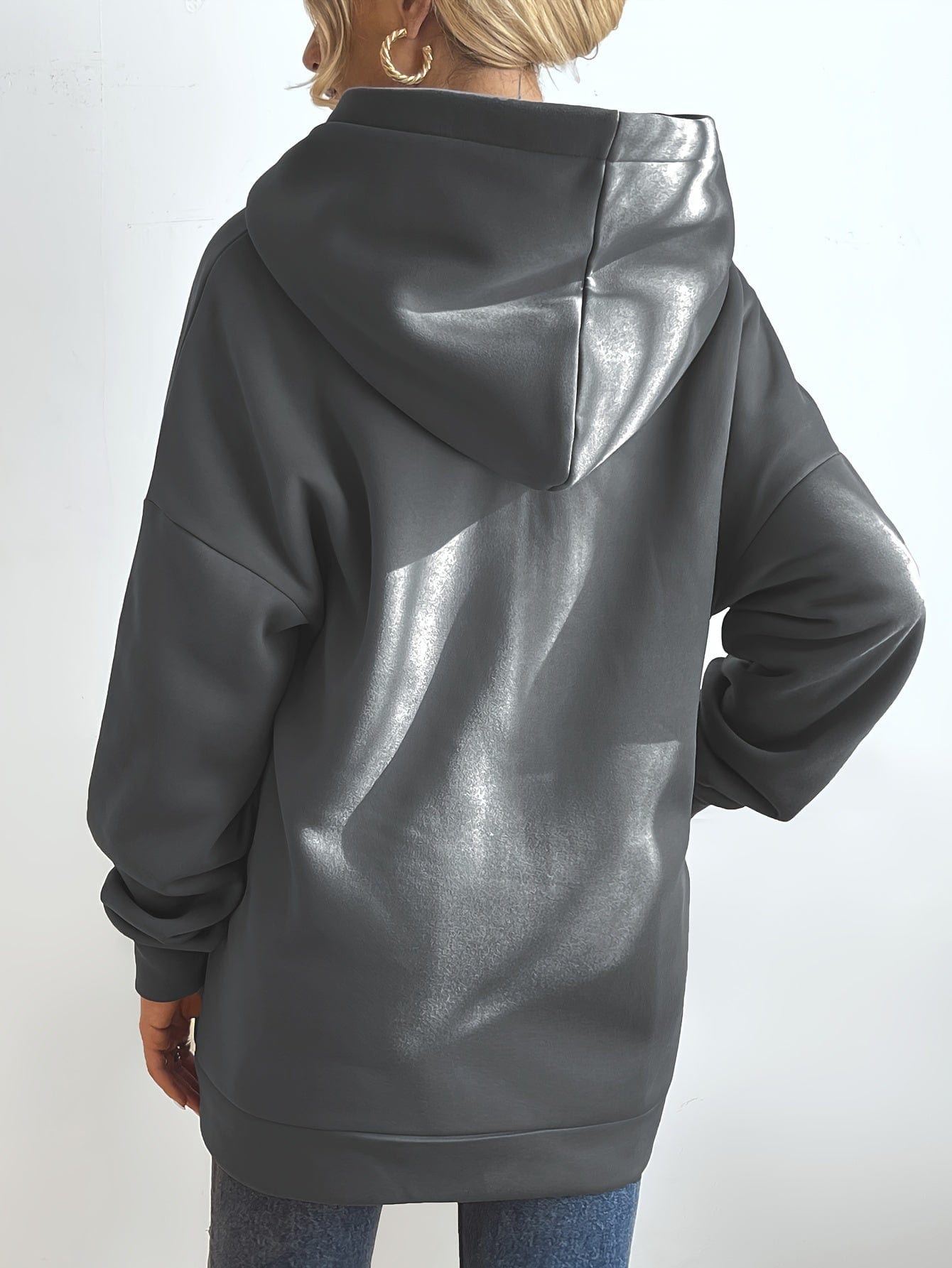 Solid Zipper Long Sleeve Drawstring Hooded Sporty Hoodie