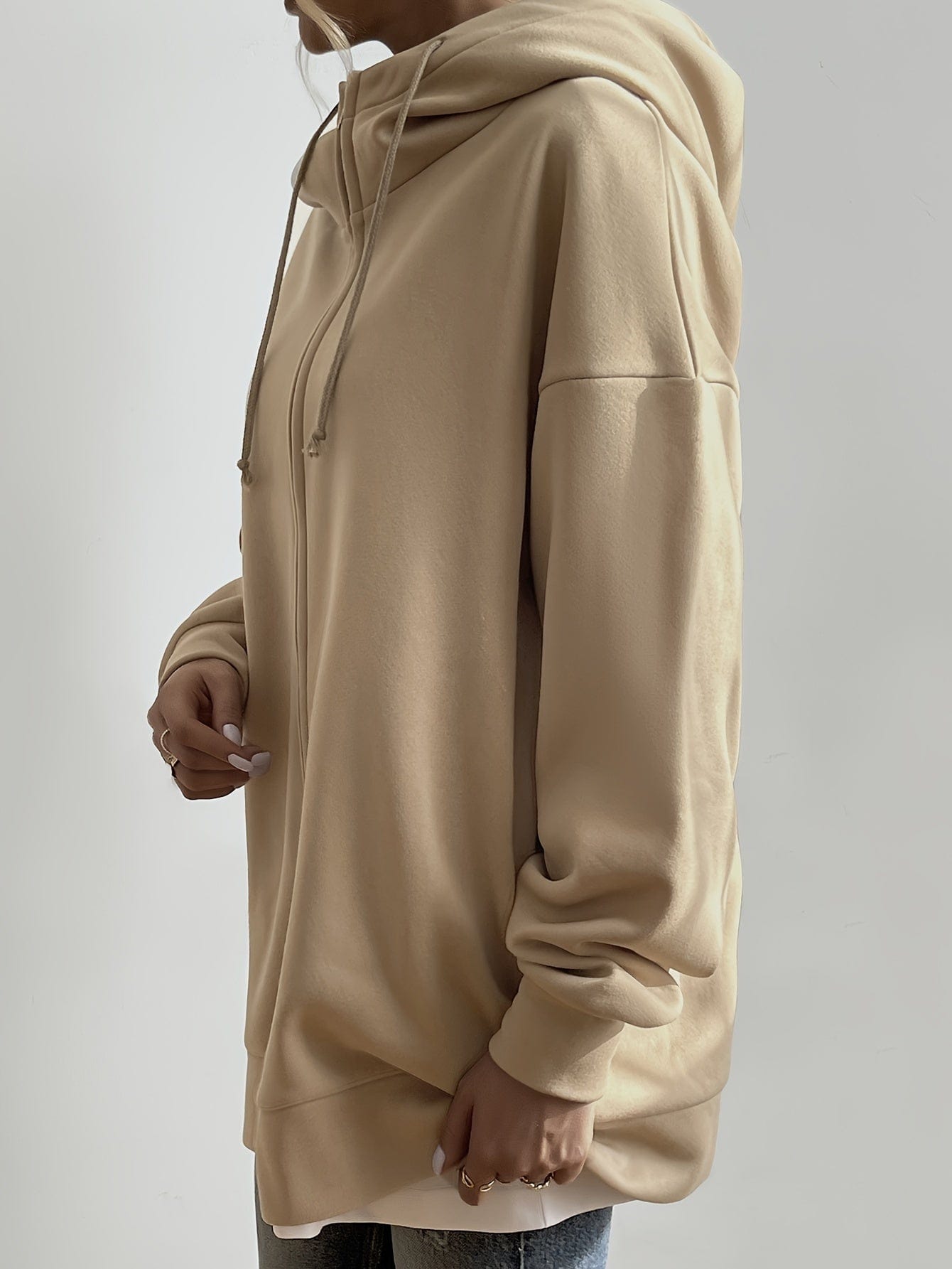 Solid Zipper Long Sleeve Drawstring Hooded Sporty Hoodie