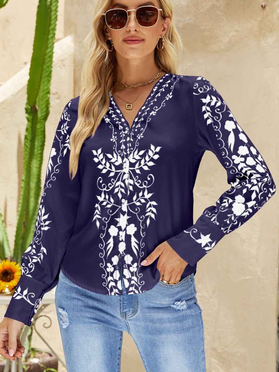 Stylish Button Print Casual Comfortable V Neck Blouse