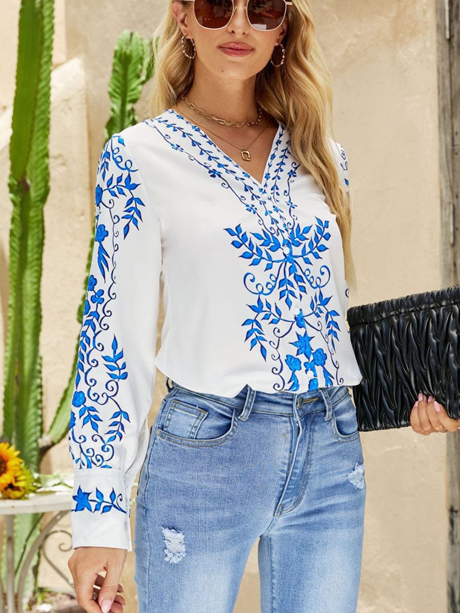 Stylish Button Print Casual Comfortable V Neck Blouse