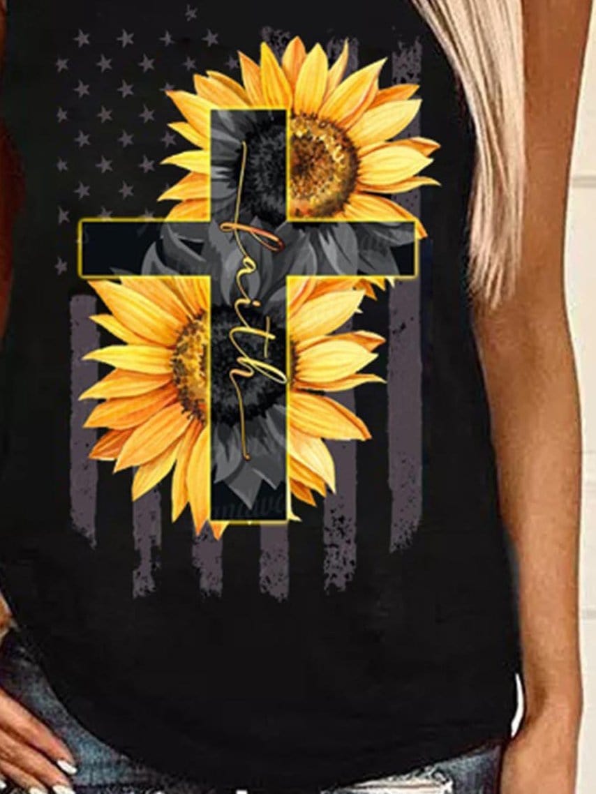 Sleeveless Sunflower Cross Print Tank Top