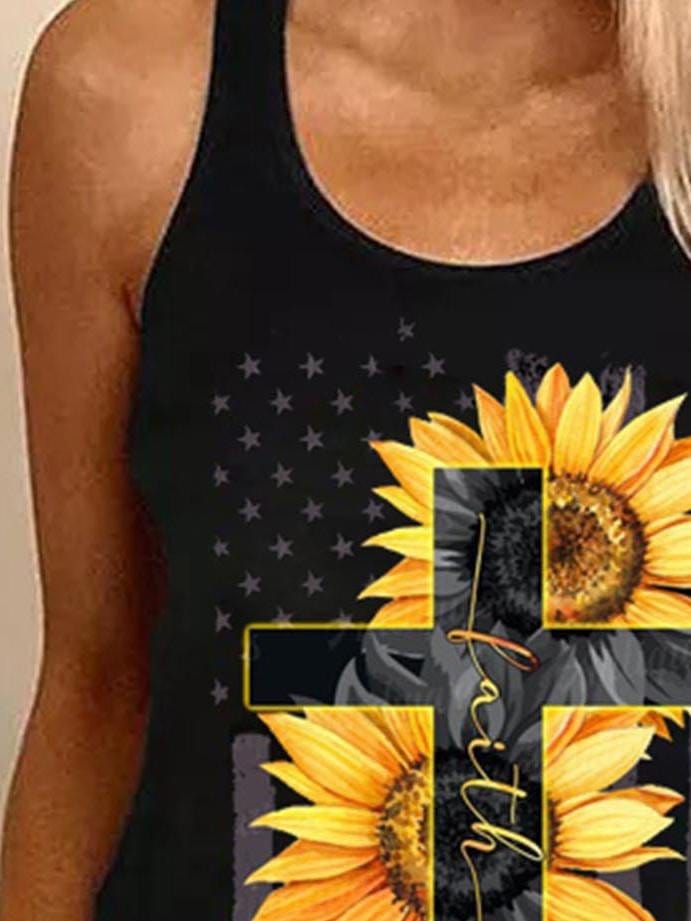 Sleeveless Sunflower Cross Print Tank Top