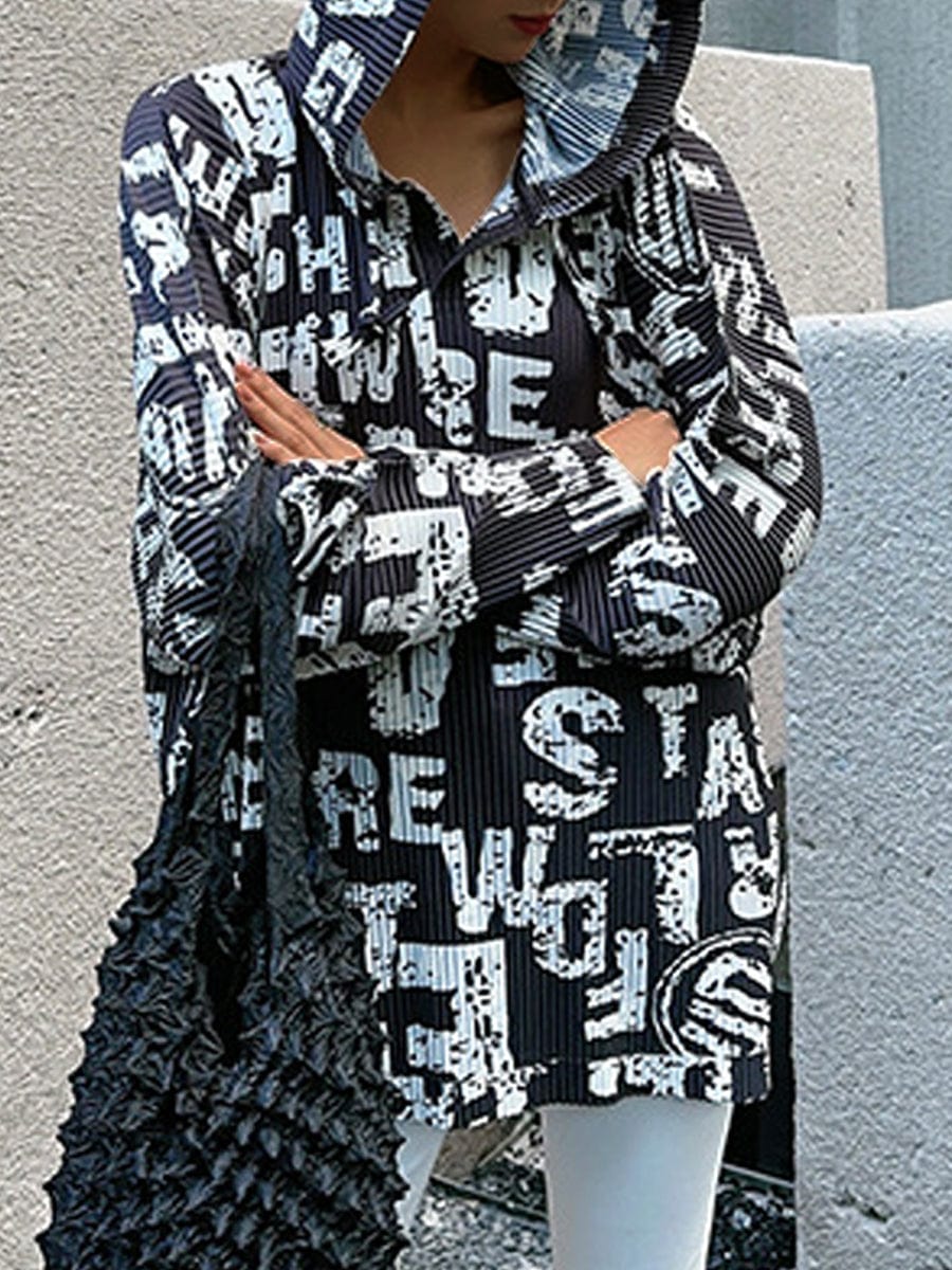 Trendy Pleated Print All Match Long Sleeved V Neck Hoodie