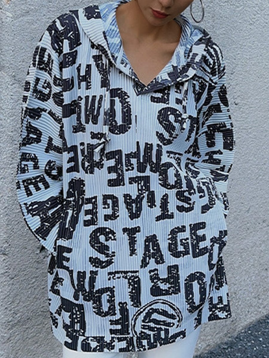 Trendy Pleated Print All Match Long Sleeved V Neck Hoodie