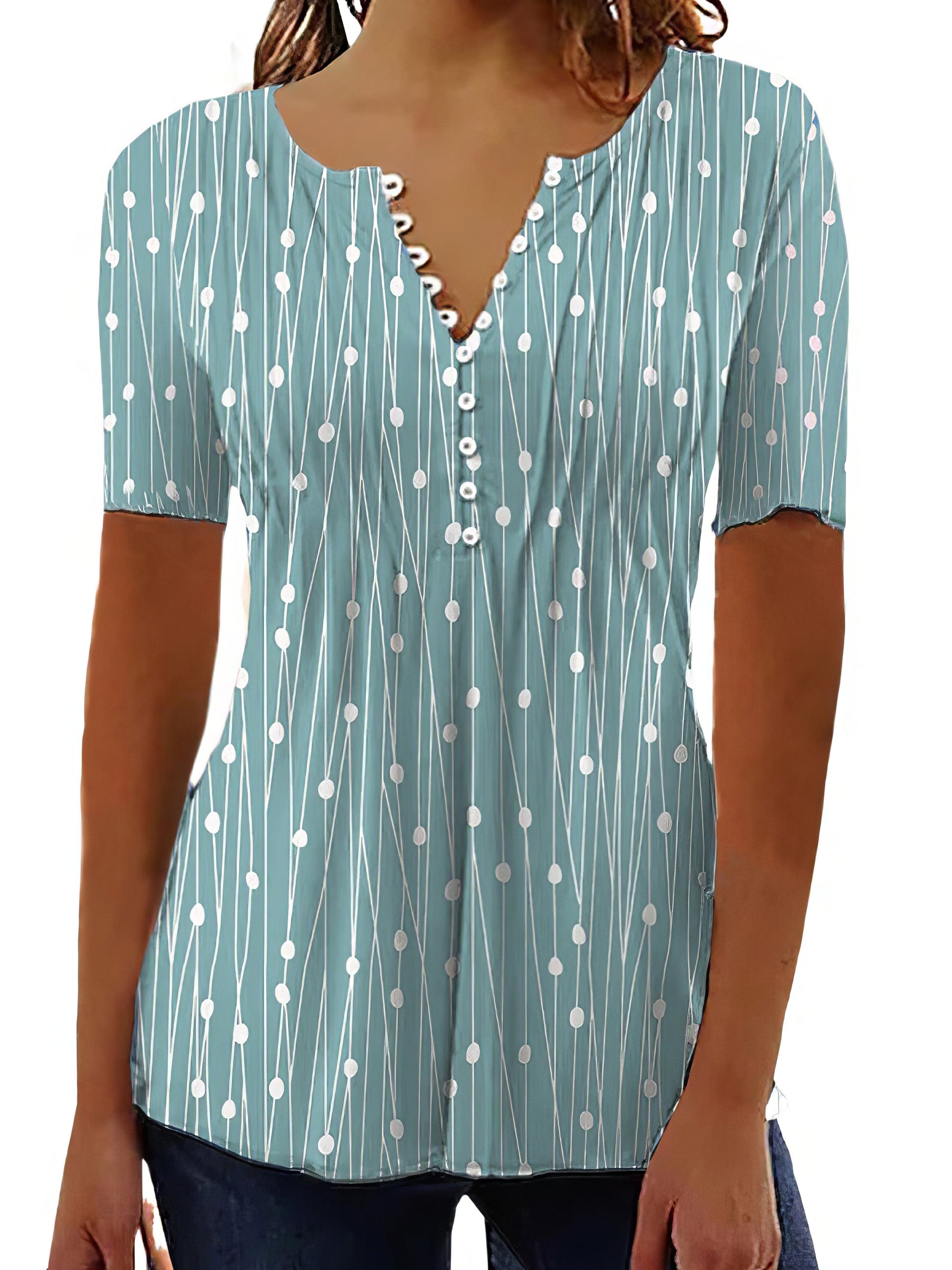 V-Neck Polka Dot Printed Button Short Sleeve Blouse