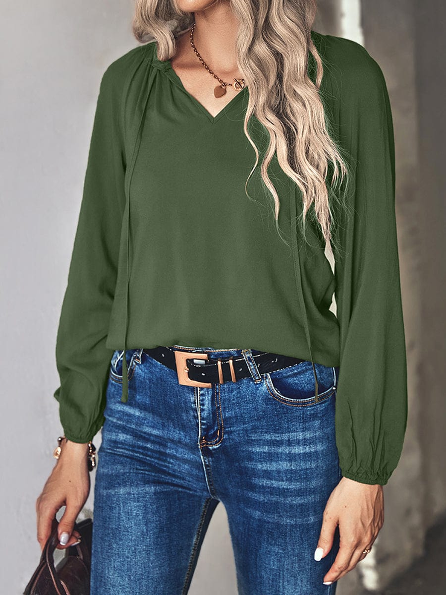 Wide Perfect For Commuting With Touch Of Temperament V Neck Long Sleeved Blouse - Closed - Bishop - Peasant - Jewel