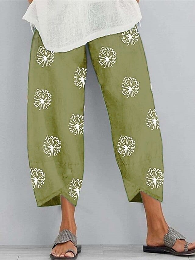 Women's Stylish Cotton Linen Chinos Slacks With Pocket Print