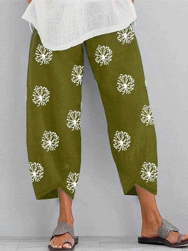 Women's Stylish Cotton Linen Chinos Slacks With Pocket Print