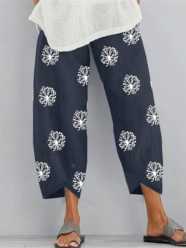 Women's Stylish Cotton Linen Chinos Slacks With Pocket Print