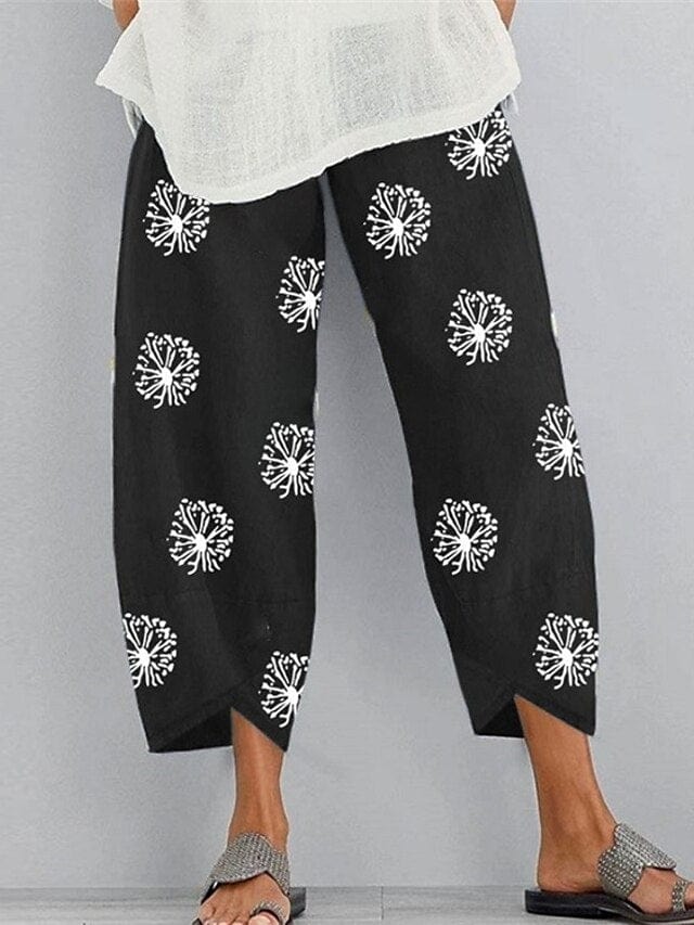 Women's Stylish Cotton Linen Chinos Slacks With Pocket Print