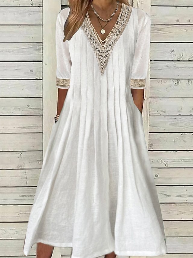 Versatile Women's Cotton Linen Midi Dress with V Neck and Pockets