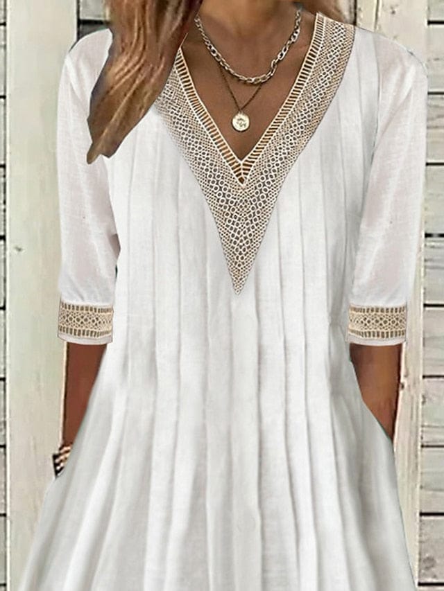 Versatile Women's Cotton Linen Midi Dress with V Neck and Pockets