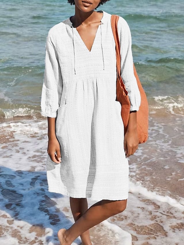 Stylish Women's Cotton Linen Midi Dress with V Neck and Ruched Pockets