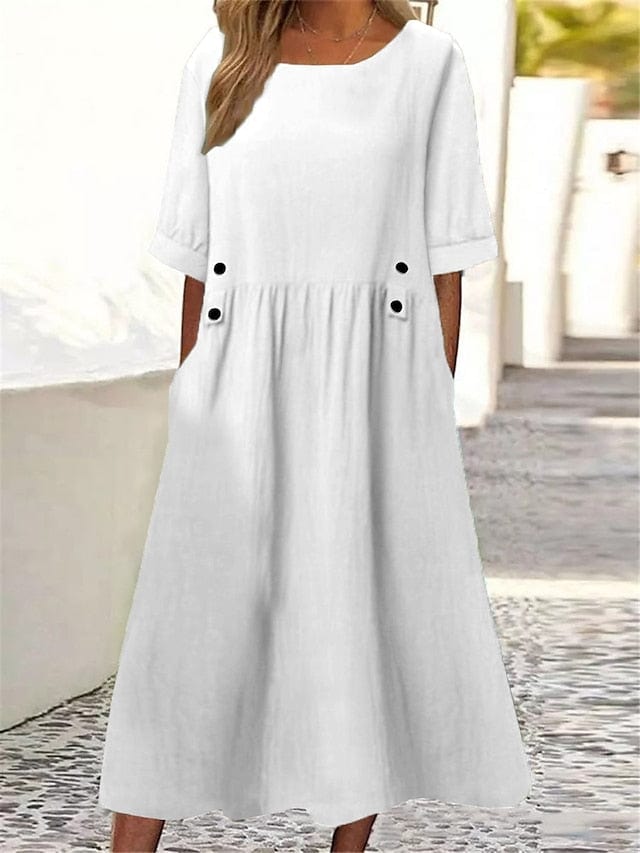 Fashionable Women's Cotton Linen Midi Dress with Ruched Crew Neck - Casual and Chic Outdoor Essential