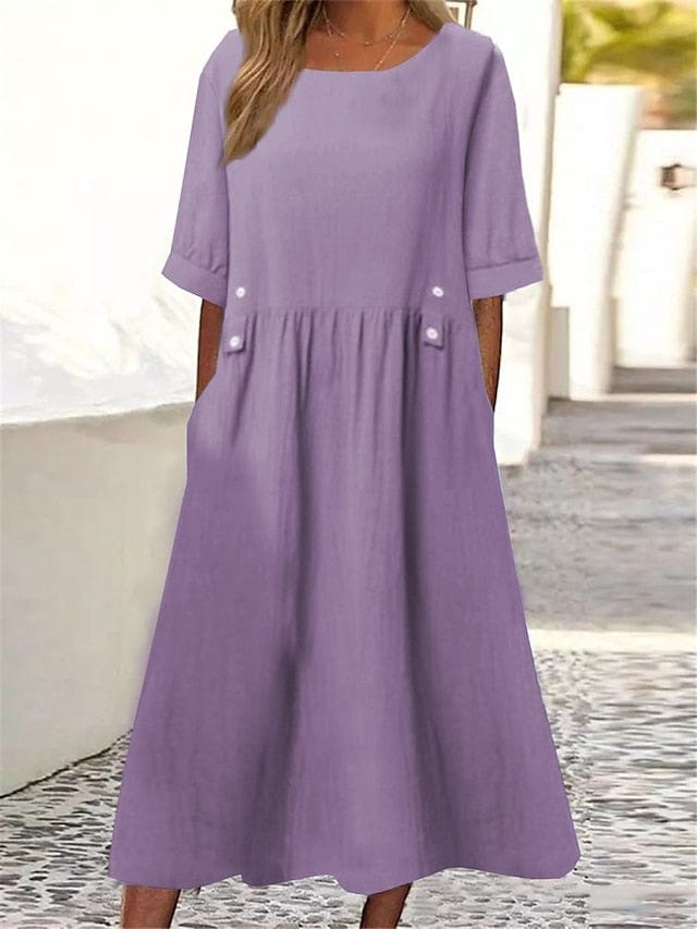 Fashionable Women's Cotton Linen Midi Dress with Ruched Crew Neck - Casual and Chic Outdoor Essential