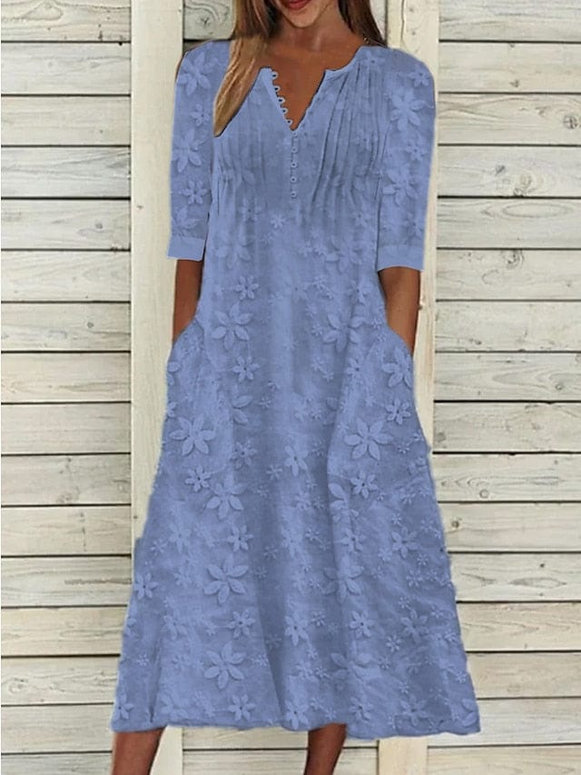 Chic V-Neck Cotton Linen Midi Dress with Ruched Pockets for Women