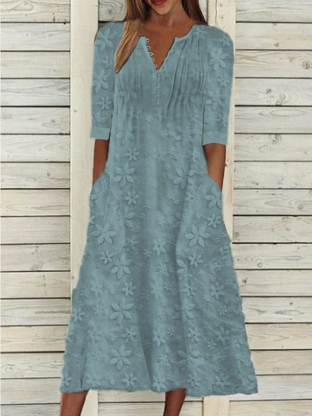 Chic V-Neck Cotton Linen Midi Dress with Ruched Pockets for Women