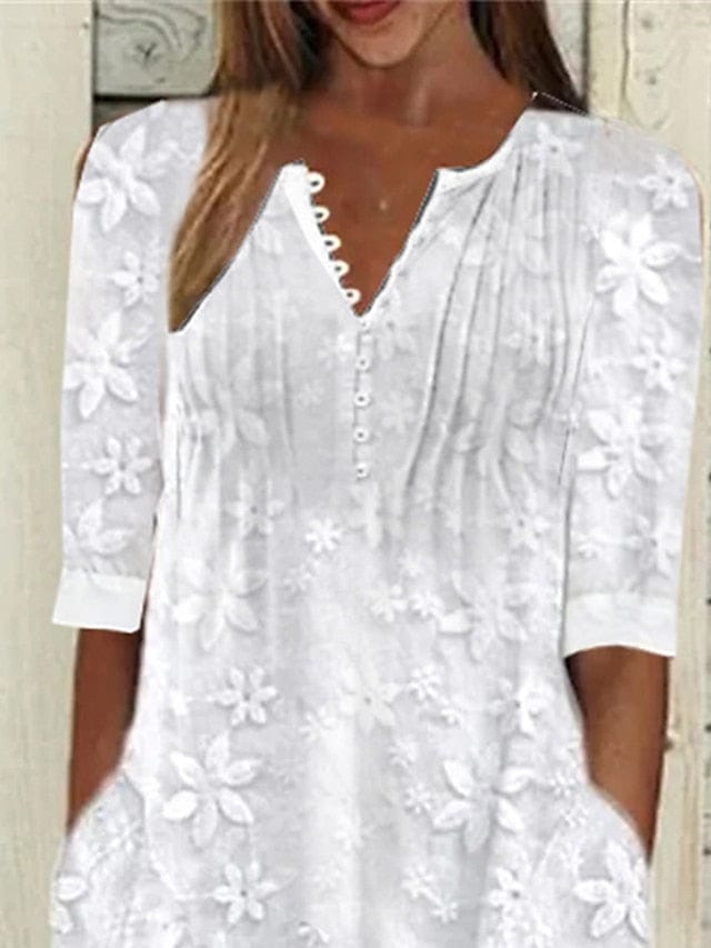 Chic V-Neck Cotton Linen Midi Dress with Ruched Pockets for Women