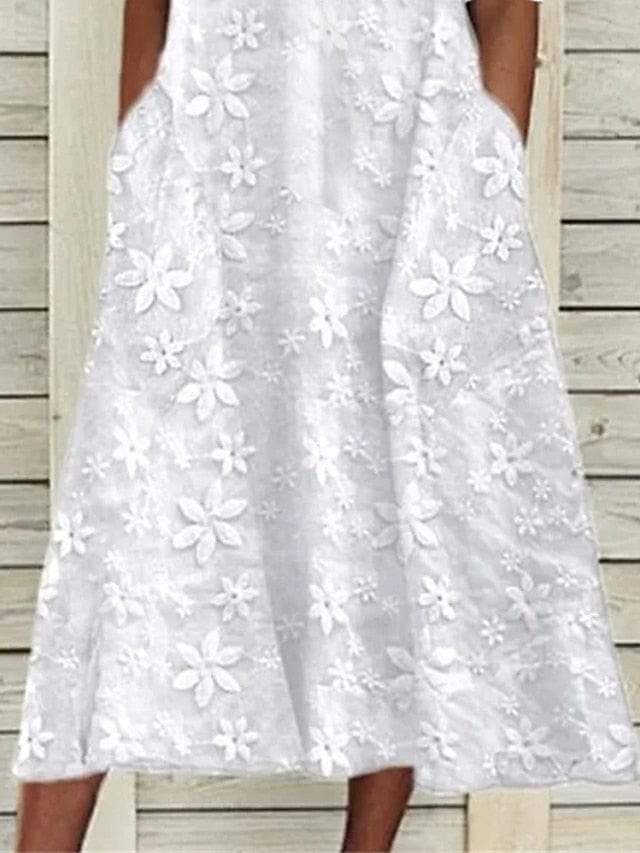 Chic V-Neck Cotton Linen Midi Dress with Ruched Pockets for Women