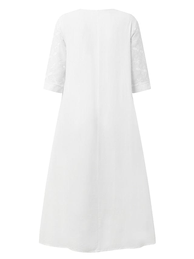 Chic V-Neck Cotton Linen Midi Dress with Ruched Pockets for Women