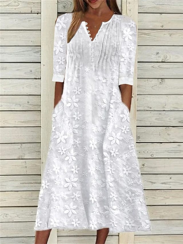 Chic V-Neck Cotton Linen Midi Dress with Ruched Pockets for Women