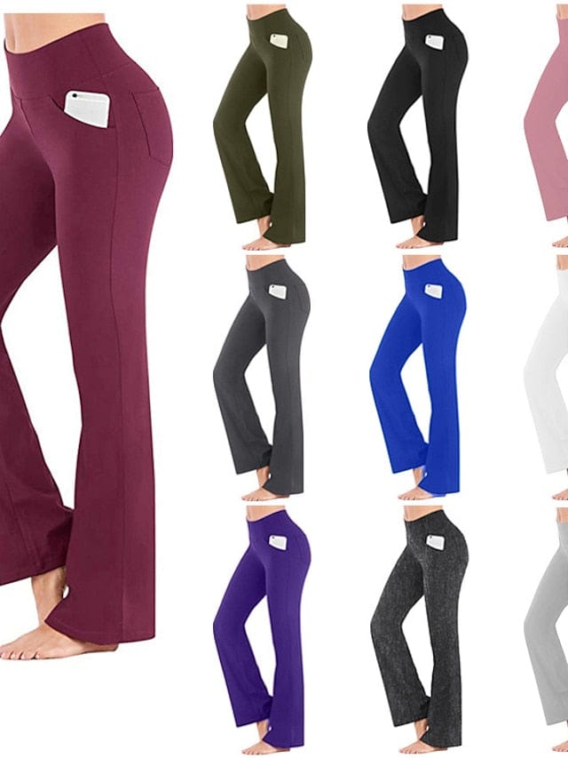 Women's Dark Grey Wine Bootcut Yoga Leggings with Tummy Control and Pockets