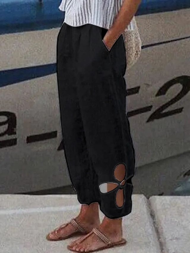 Women's Cotton And Linen Full Length Pants Trousers in Dark Yellow Black White Fashion Casual Daily Side Pockets Culotte Style
