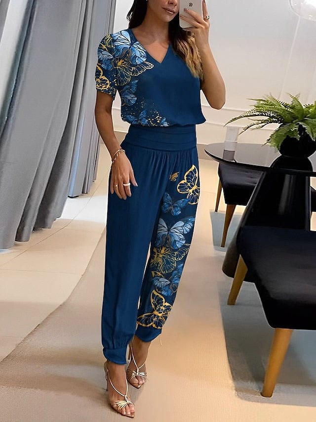 Casual Butterfly Print Women's Shirt and Pants Set
